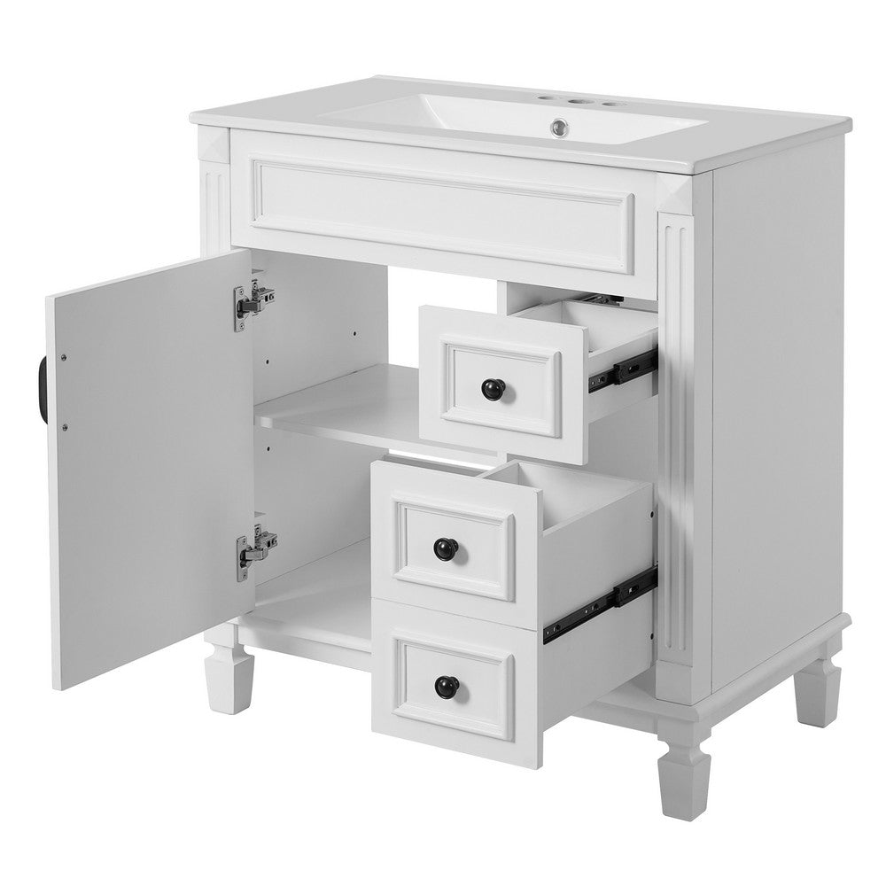 Xolo Bathroom Vanity with 2 Drawers | Ceramic Sink | White Wood 30"
