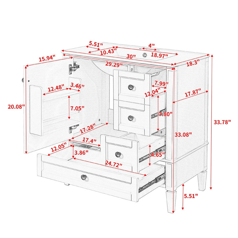 Cullen Bathroom Vanity with Ceramic Sink | 3 Drawers | Gray Wood 30"