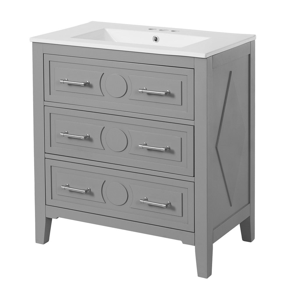 Solan Bathroom Vanity with Ceramic Sink | Chrome | Gray Solid Wood 30"