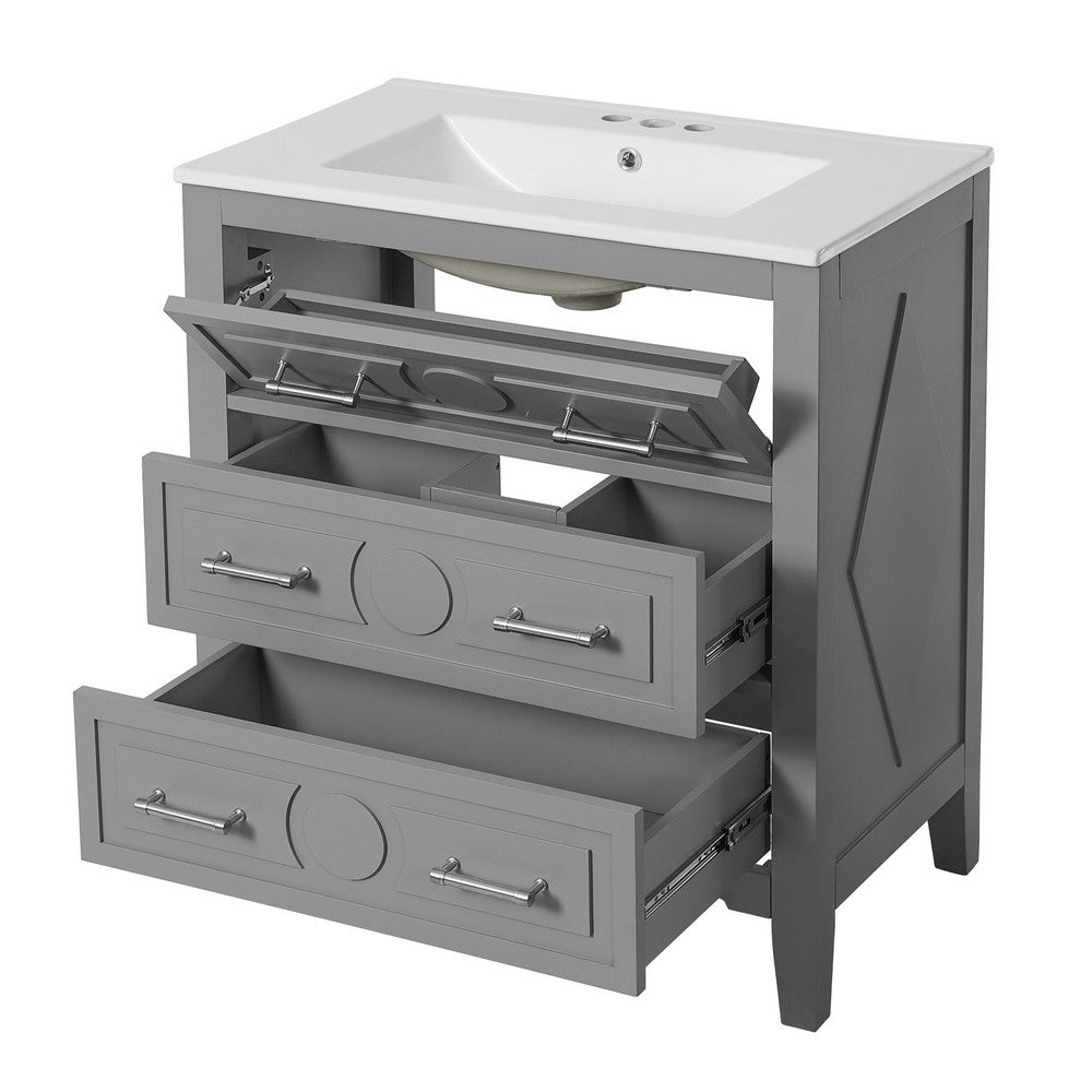 Solan Bathroom Vanity with Ceramic Sink | Chrome | Gray Solid Wood 30"