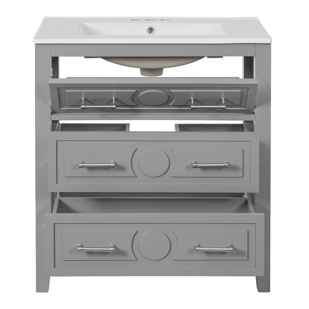 Solan Bathroom Vanity with Ceramic Sink | Chrome | Gray Solid Wood 30"