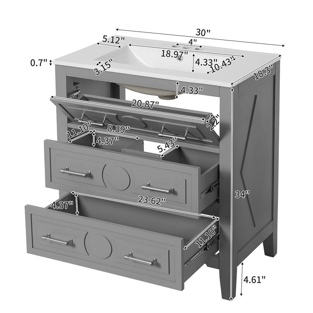 Solan Bathroom Vanity with Ceramic Sink | Chrome | Gray Solid Wood 30"
