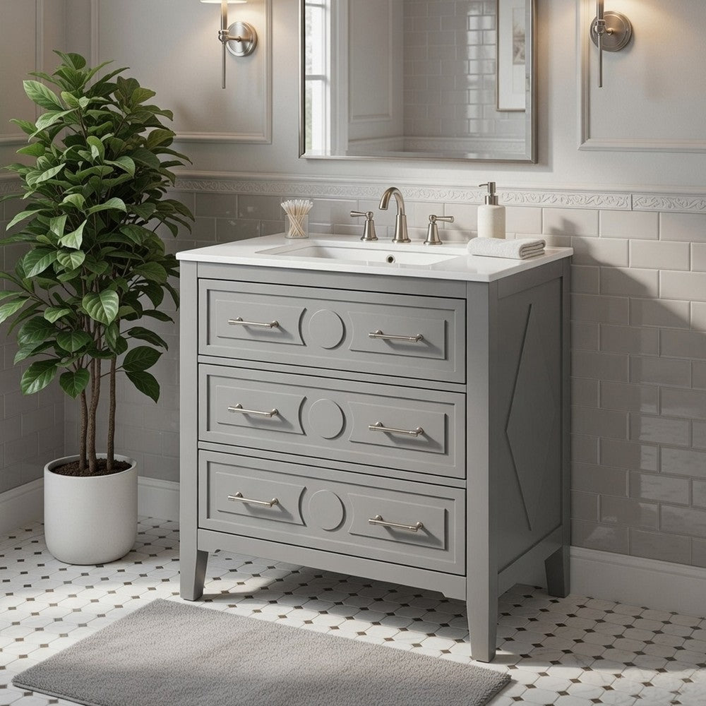 Solan Bathroom Vanity with Ceramic Sink | Chrome | Gray Solid Wood 30"