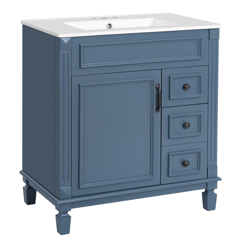 Xolo Bathroom Vanity | 2 Drawers & Ceramic Sink | Blue Solid Wood 30"
