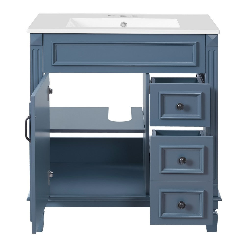 Xolo Bathroom Vanity | 2 Drawers & Ceramic Sink | Blue Solid Wood 30"