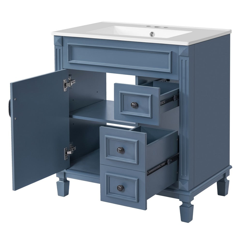 Xolo Bathroom Vanity | 2 Drawers & Ceramic Sink | Blue Solid Wood 30"