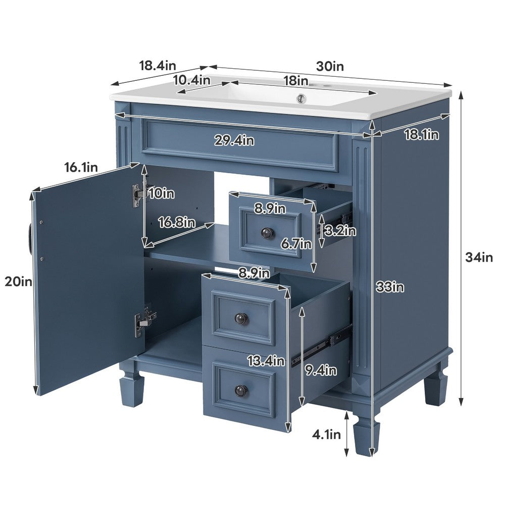 Xolo Bathroom Vanity | 2 Drawers & Ceramic Sink | Blue Solid Wood 30"