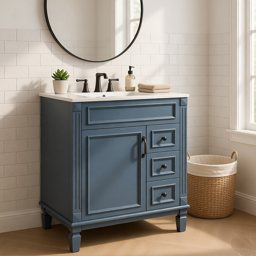 Xolo Bathroom Vanity | 2 Drawers & Ceramic Sink | Blue Solid Wood 30"