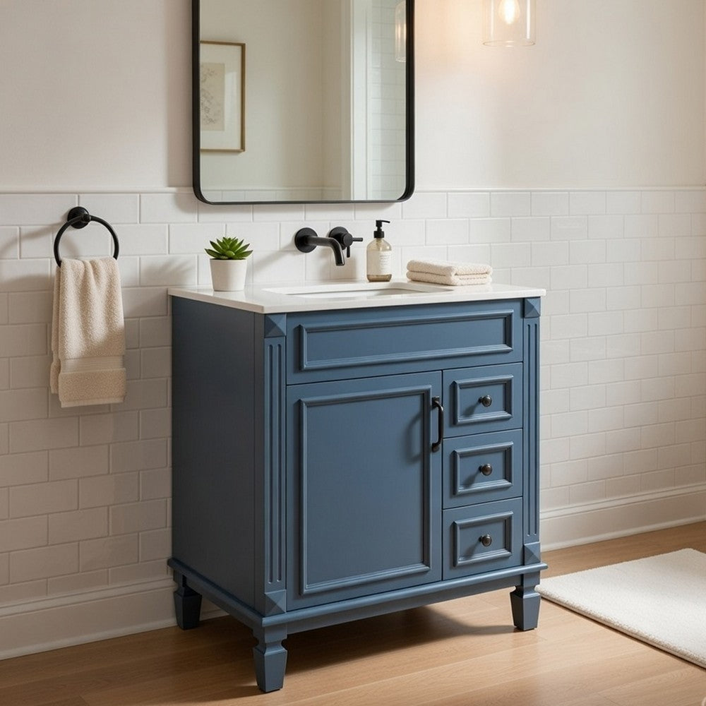 Xolo Bathroom Vanity | 2 Drawers & Ceramic Sink | Blue Solid Wood 30"