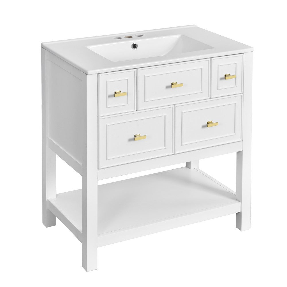 Velly Bathroom Vanity with Ceramic Sink | 5 Drawers & Shelf | White 30"