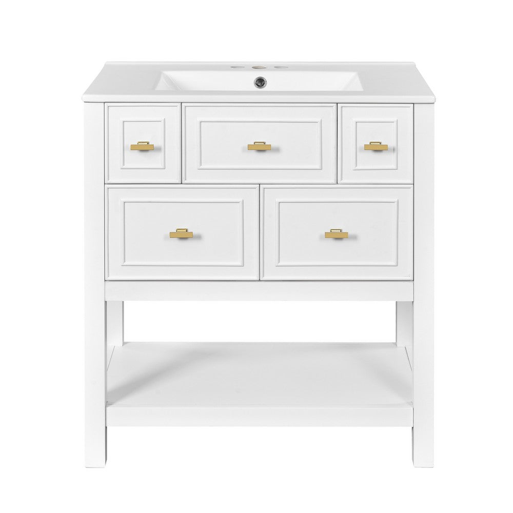 Velly Bathroom Vanity with Ceramic Sink | 5 Drawers & Shelf | White 30"