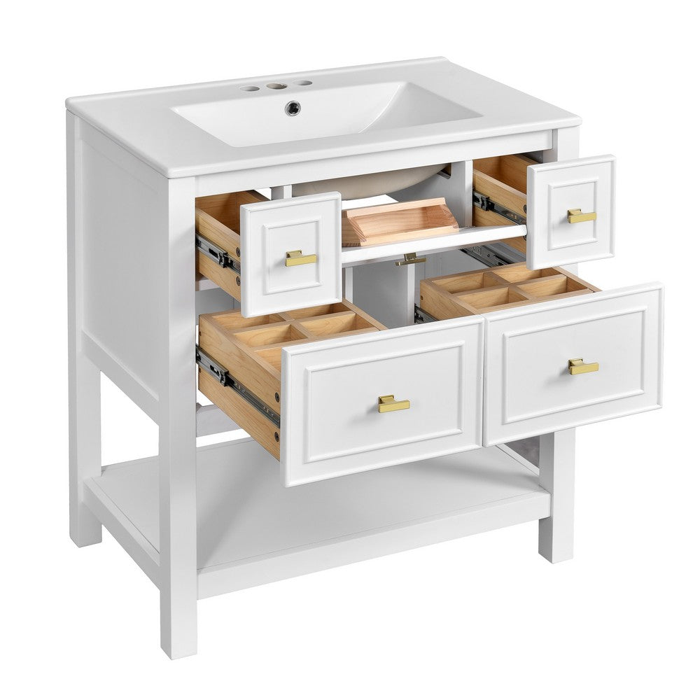 Velly Bathroom Vanity with Ceramic Sink | 5 Drawers & Shelf | White 30"