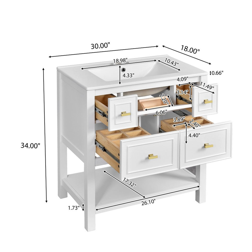 Velly Bathroom Vanity with Ceramic Sink | 5 Drawers & Shelf | White 30"