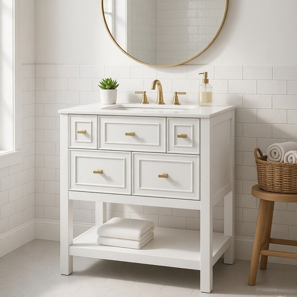 Velly Bathroom Vanity with Ceramic Sink | 5 Drawers & Shelf | White 30"