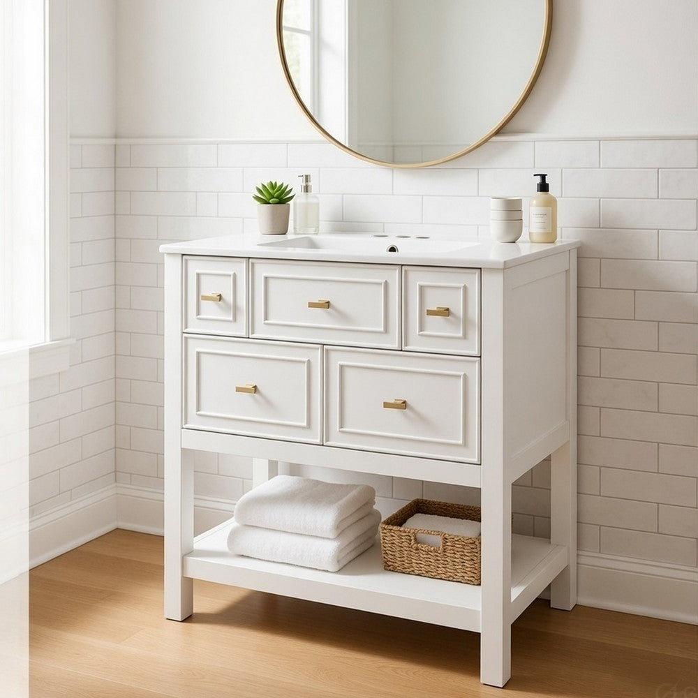 Velly Bathroom Vanity with Ceramic Sink | 5 Drawers & Shelf | White 30"