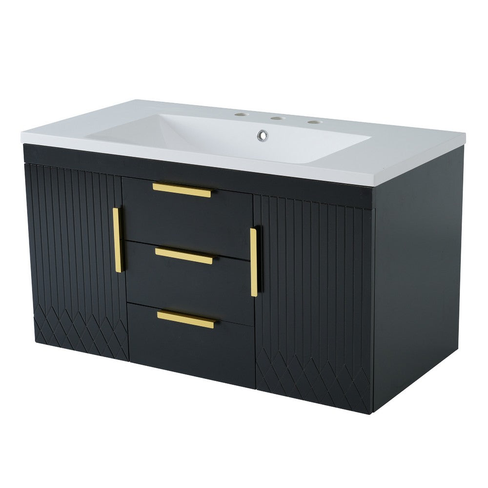 Jayz Floating Vanity with Sink | Gold Accents | Black Textured Wood 36"