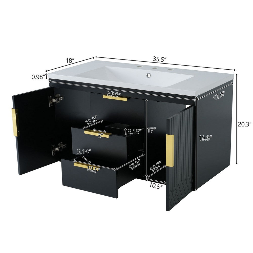 Jayz Floating Vanity with Sink | Gold Accents | Black Textured Wood 36"