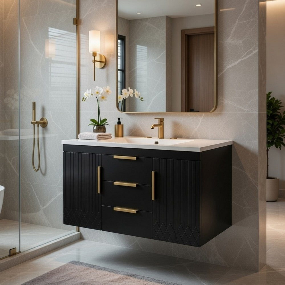 Jayz Floating Vanity with Sink | Gold Accents | Black Textured Wood 36"