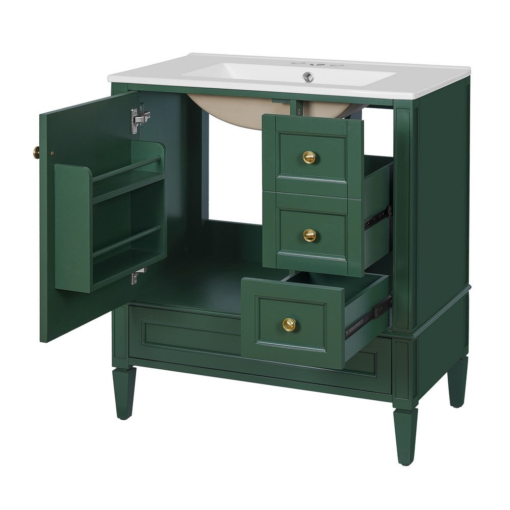 Cullen Bathroom Vanity with Ceramic Sink | 3 Drawers | Green Wood 30"