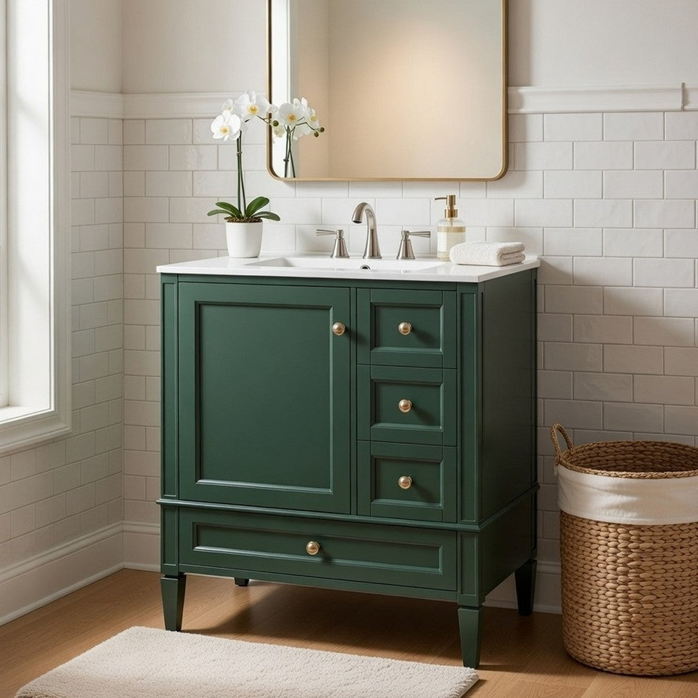 Cullen Bathroom Vanity with Ceramic Sink | 3 Drawers | Green Wood 30"