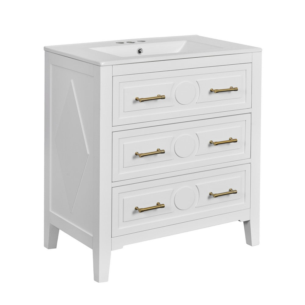 Solan 30" Bathroom Vanity with Ceramic Sink | Gold Handles | White Wood