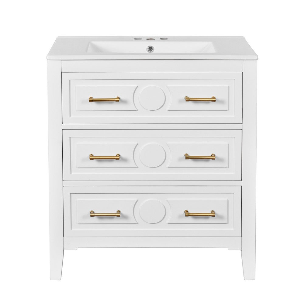 Solan 30" Bathroom Vanity with Ceramic Sink | Gold Handles | White Wood