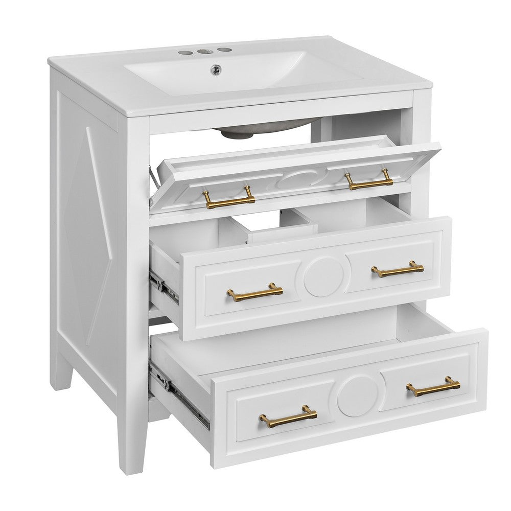 Solan 30" Bathroom Vanity with Ceramic Sink | Gold Handles | White Wood