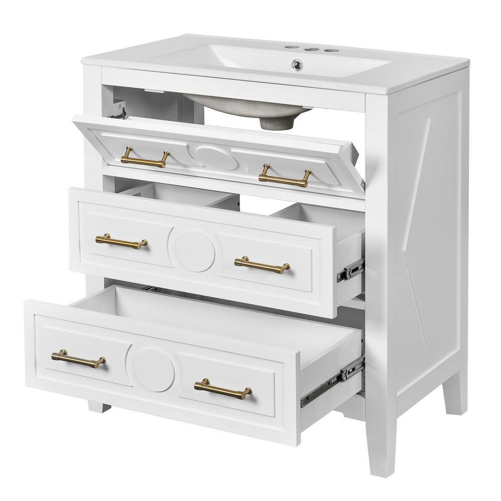 Solan 30" Bathroom Vanity with Ceramic Sink | Gold Handles | White Wood
