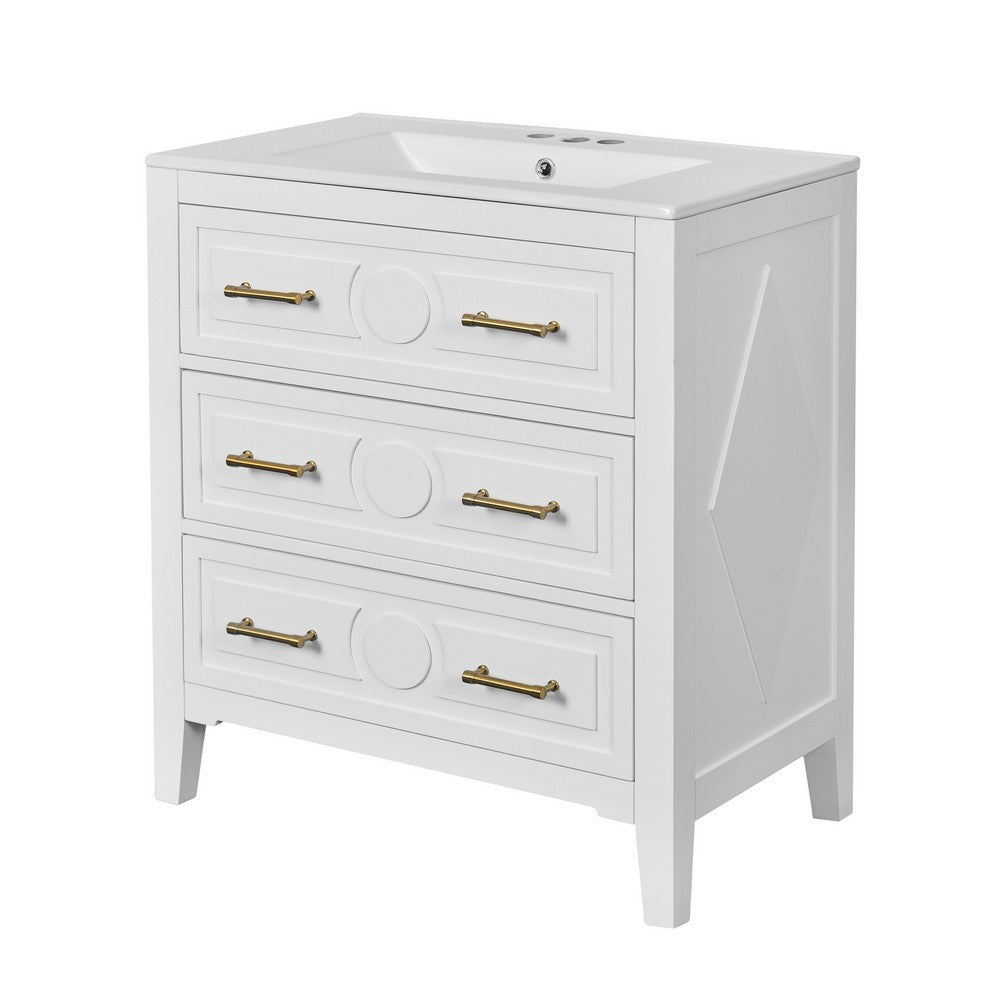 Solan 30" Bathroom Vanity with Ceramic Sink | Gold Handles | White Wood