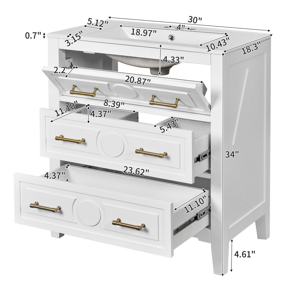 Solan 30" Bathroom Vanity with Ceramic Sink | Gold Handles | White Wood