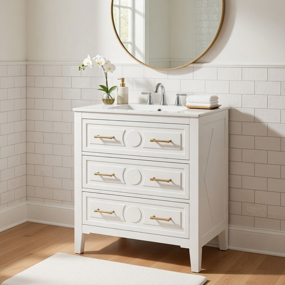 Solan 30" Bathroom Vanity with Ceramic Sink | Gold Handles | White Wood