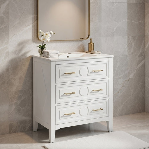 Solan 30" Bathroom Vanity with Ceramic Sink | Gold Handles | White Wood