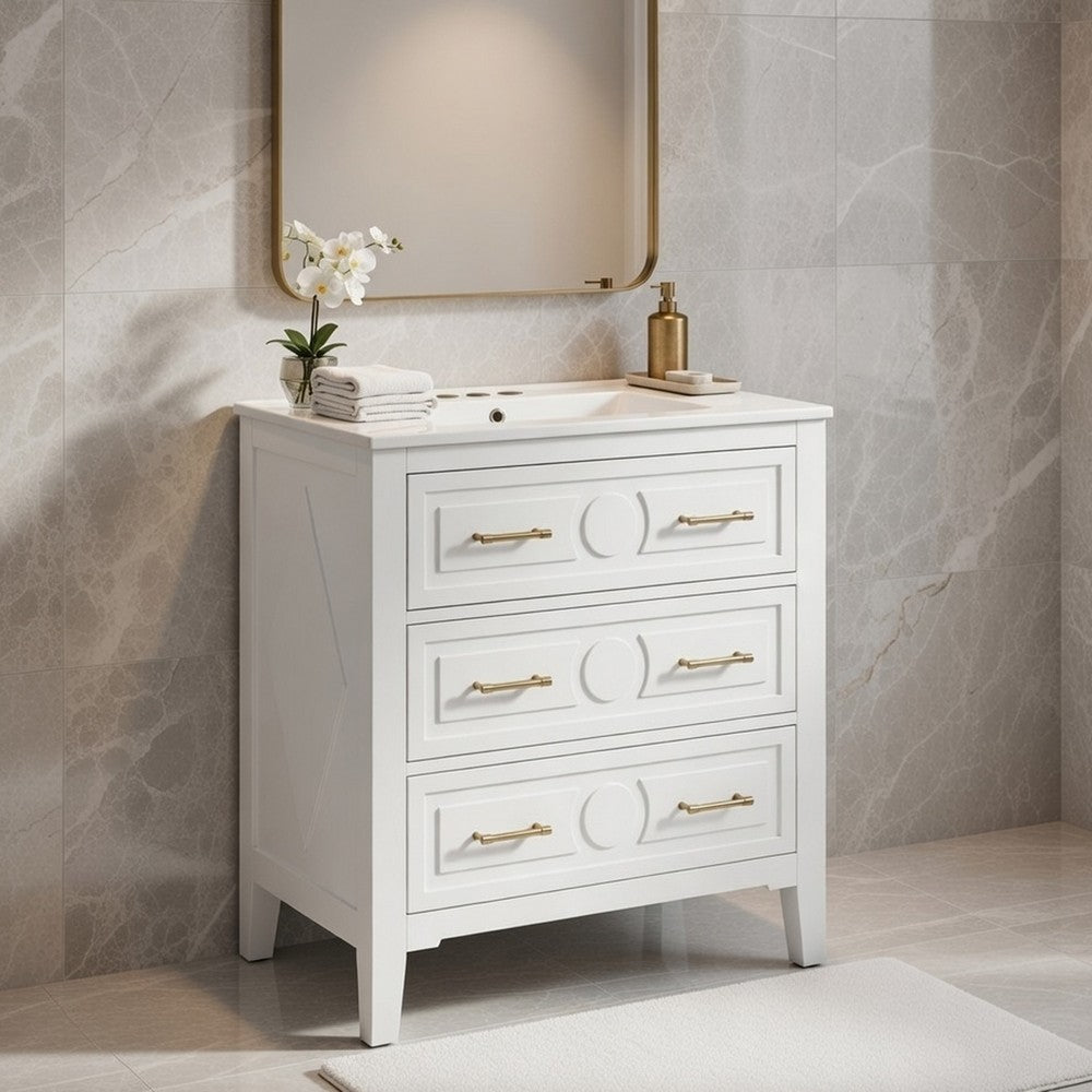Solan 30" Bathroom Vanity with Ceramic Sink | Gold Handles | White Wood