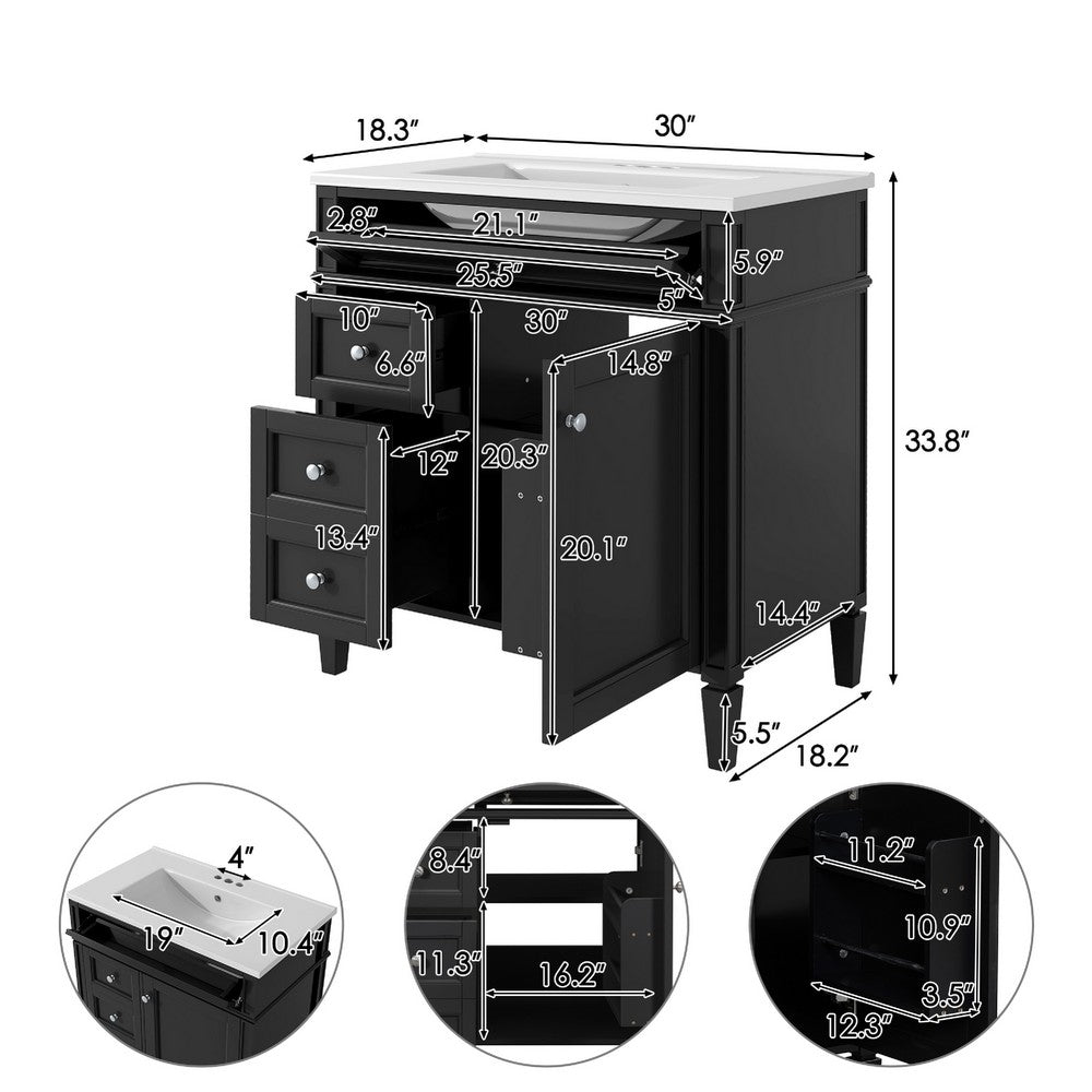 Asher Bathroom Vanity with Ceramic Sink | Smart Storage | Black Wood 30"