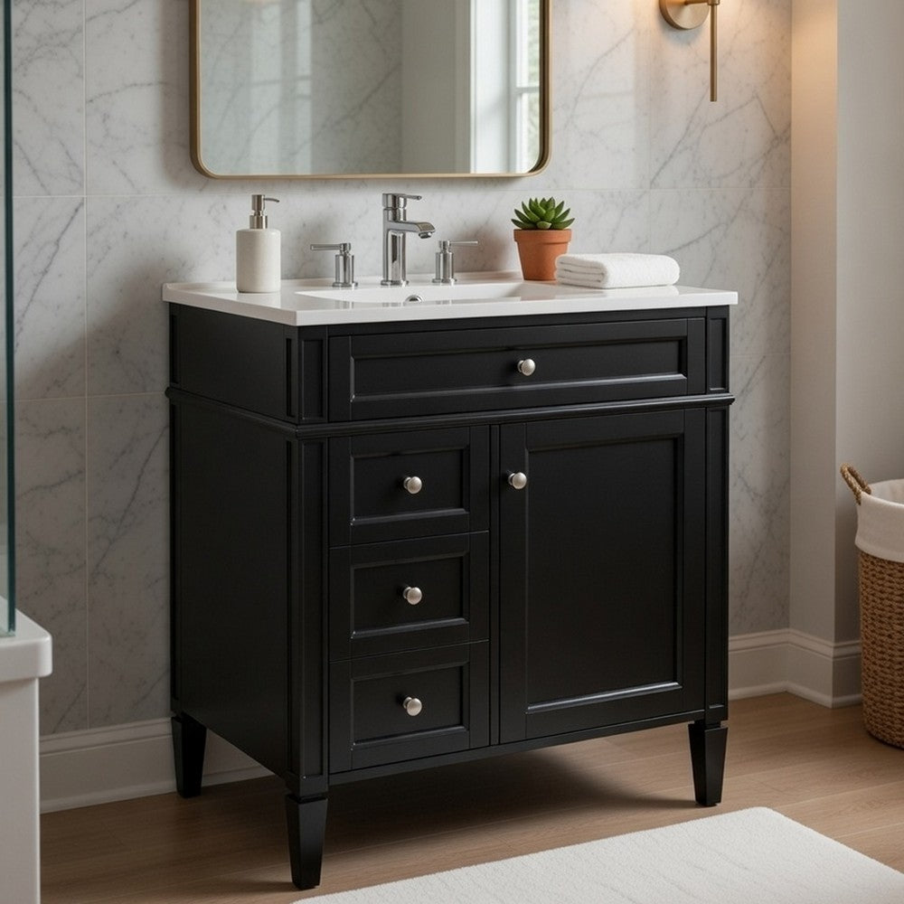Asher Bathroom Vanity with Ceramic Sink | Smart Storage | Black Wood 30"