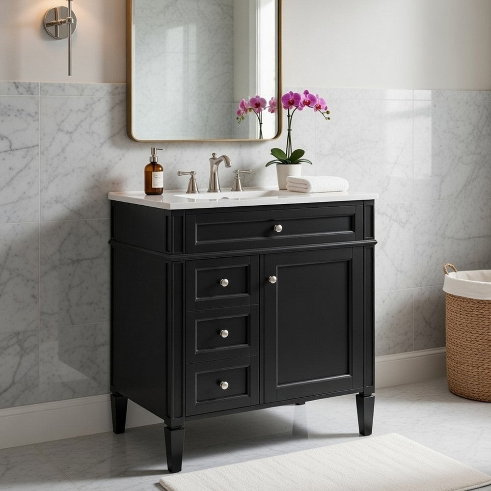 Asher Bathroom Vanity with Ceramic Sink | Smart Storage | Black Wood 30"