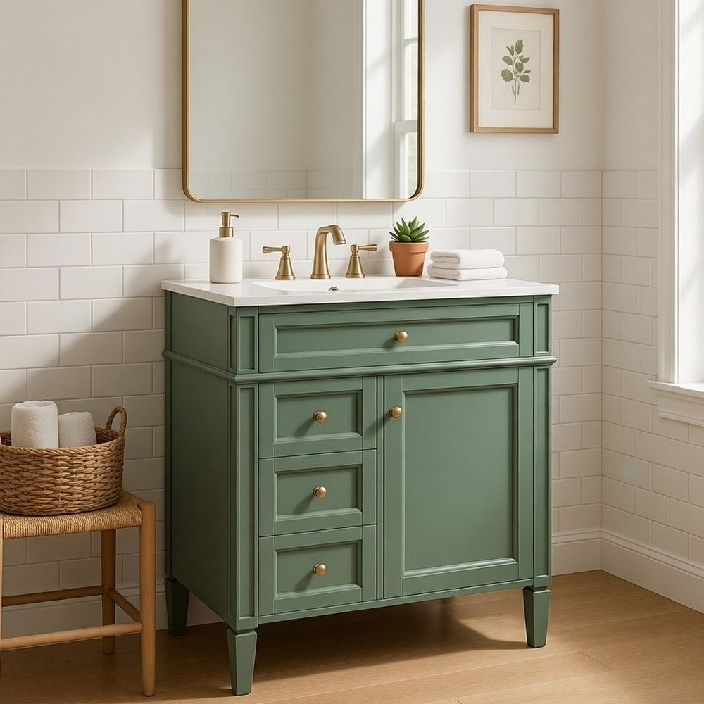 Asher Bathroom Vanity with Ceramic Sink | Smart Storage | Green Wood 30"