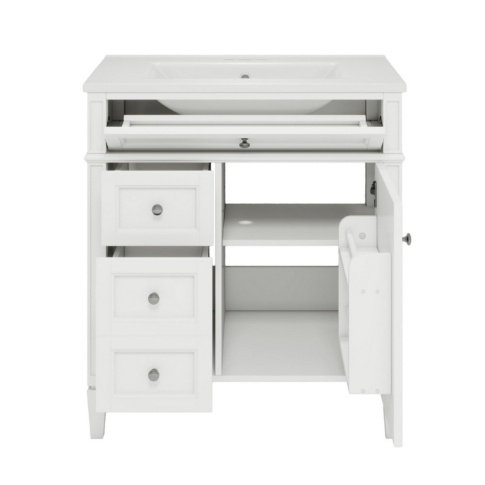 Asher Bathroom Vanity with Ceramic Sink | Smart Storage | White Wood 30"