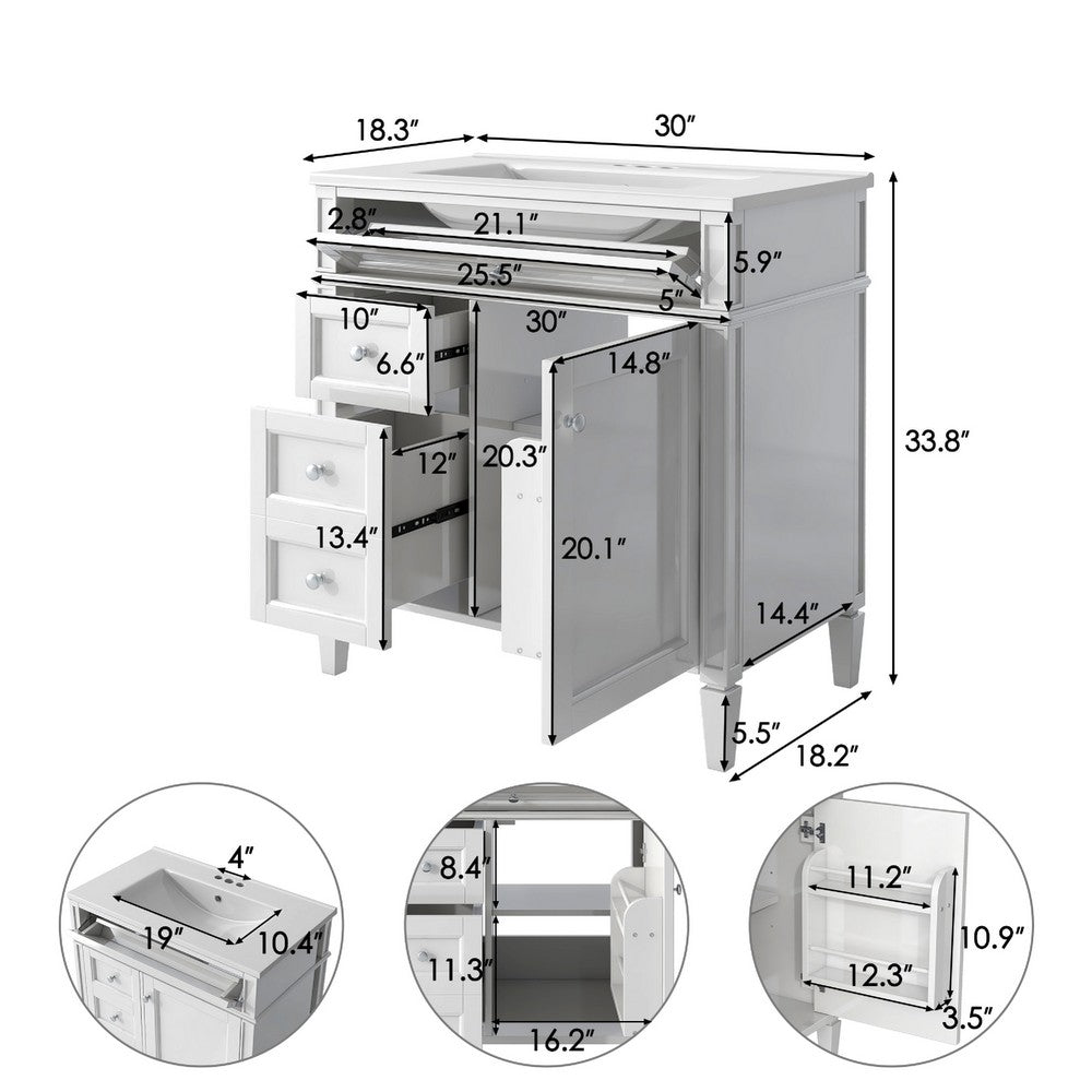 Asher Bathroom Vanity with Ceramic Sink | Smart Storage | White Wood 30"