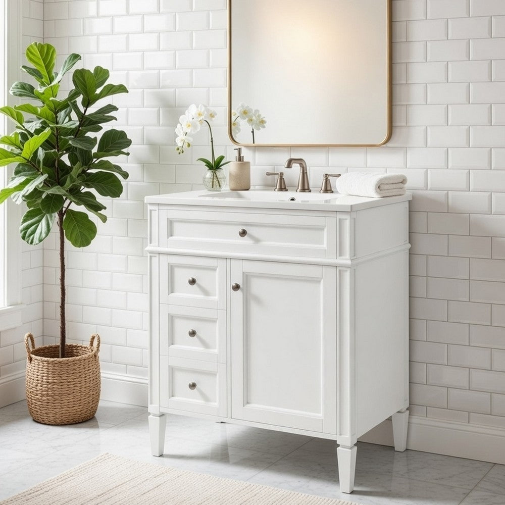 Asher Bathroom Vanity with Ceramic Sink | Smart Storage | White Wood 30"