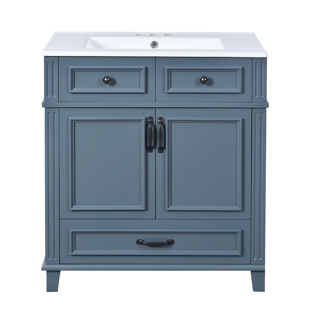 Kenzy Bathroom Vanity with Ceramic Sink | 3 Drawers | Blue Wood 30"