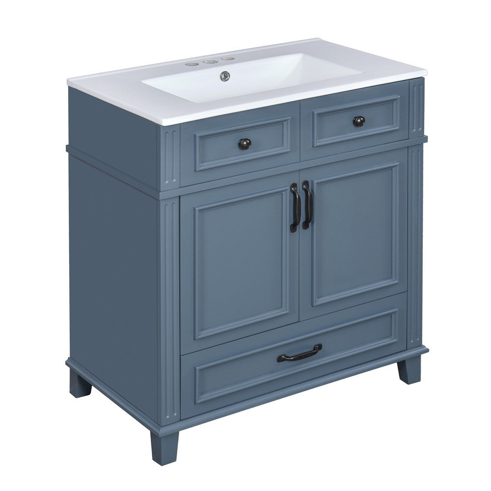 Kenzy Bathroom Vanity with Ceramic Sink | 3 Drawers | Blue Wood 30"
