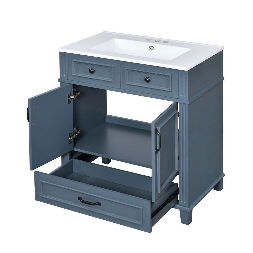 Kenzy Bathroom Vanity with Ceramic Sink | 3 Drawers | Blue Wood 30"