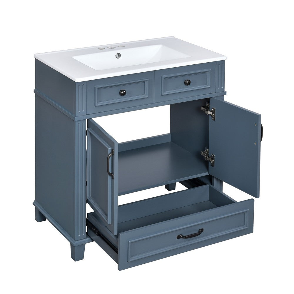 Kenzy Bathroom Vanity with Ceramic Sink | 3 Drawers | Blue Wood 30"