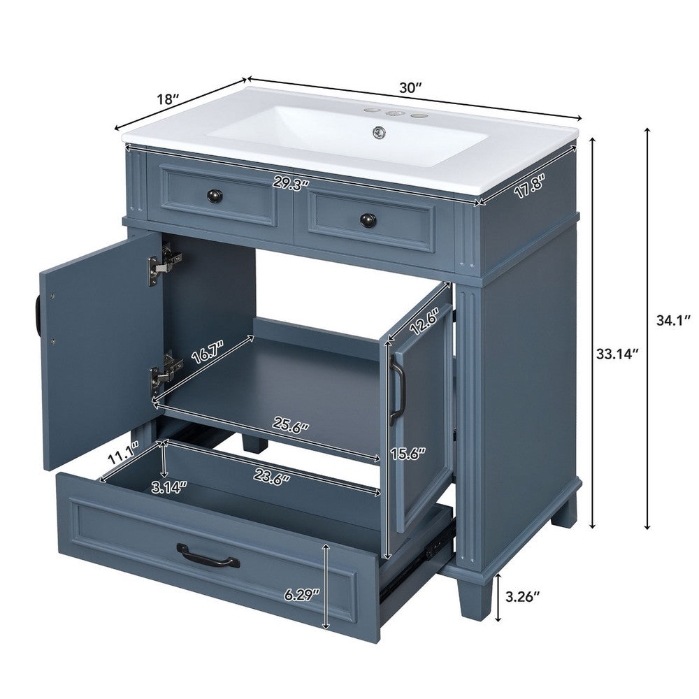 Kenzy Bathroom Vanity with Ceramic Sink | 3 Drawers | Blue Wood 30"