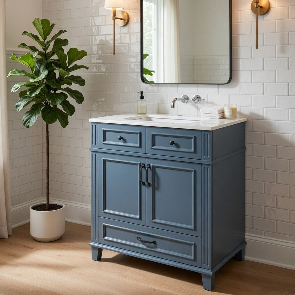 Kenzy Bathroom Vanity with Ceramic Sink | 3 Drawers | Blue Wood 30"