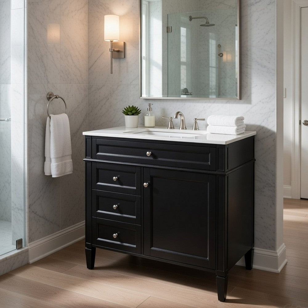 Asher Bathroom Vanity | White Ceramic Sink | 3 Drawers 1 Cabinet | Black
