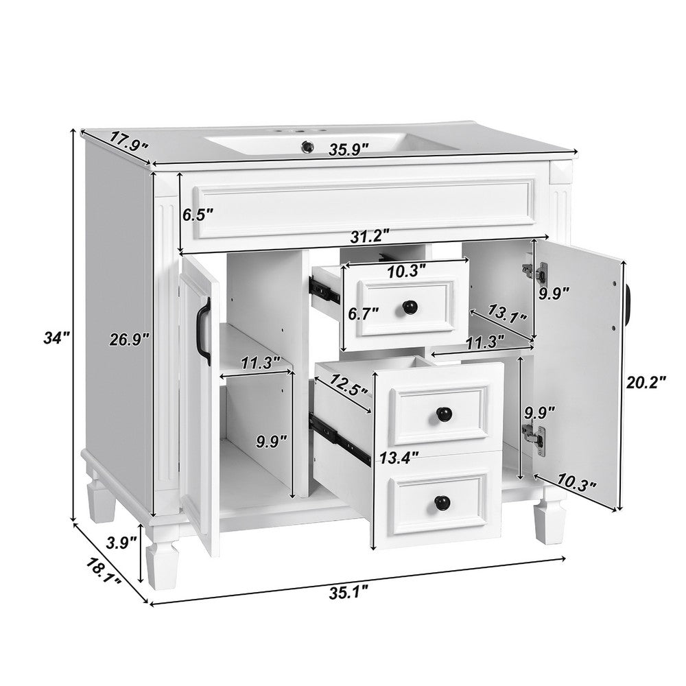 Gwen Bathroom Vanity with Ceramic Sink | 2 Drawer 2 Cabinet | White | 36"