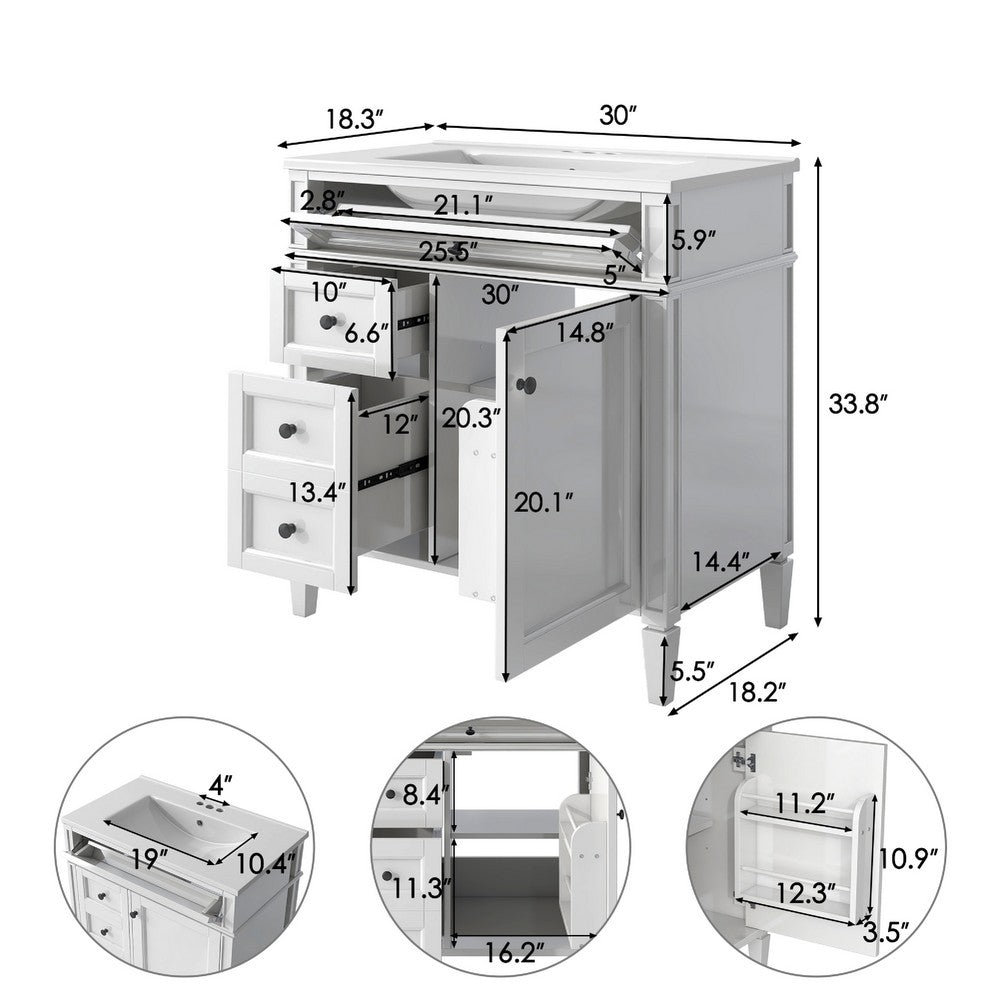 Gwen Bathroom Vanity | Ceramic Sink | 2 Drawer 2 Cabinet | White | 30"