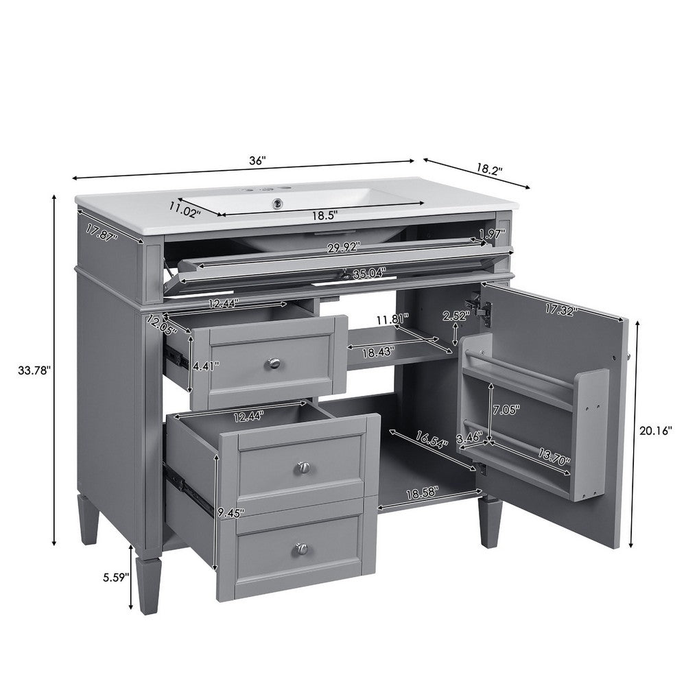 Asher Bathroom Vanity | White Ceramic Sink | 2 Drawers | Cabinet Door | Gray